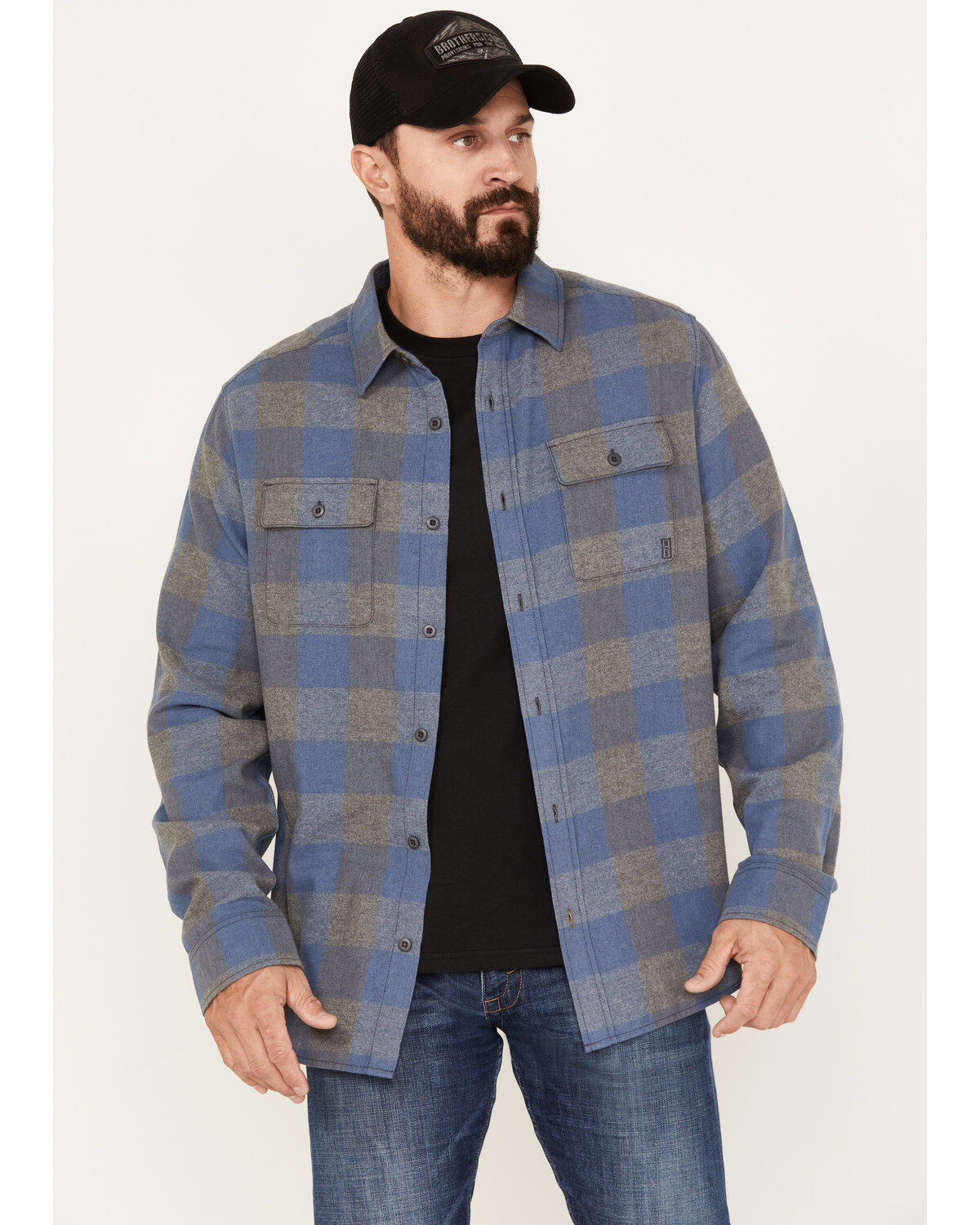 Image #1 - Brothers and Sons Men's Buffalo Checkered Print Long Sleeve Button Down Western Flannel Shirt, Blue, hi-res
