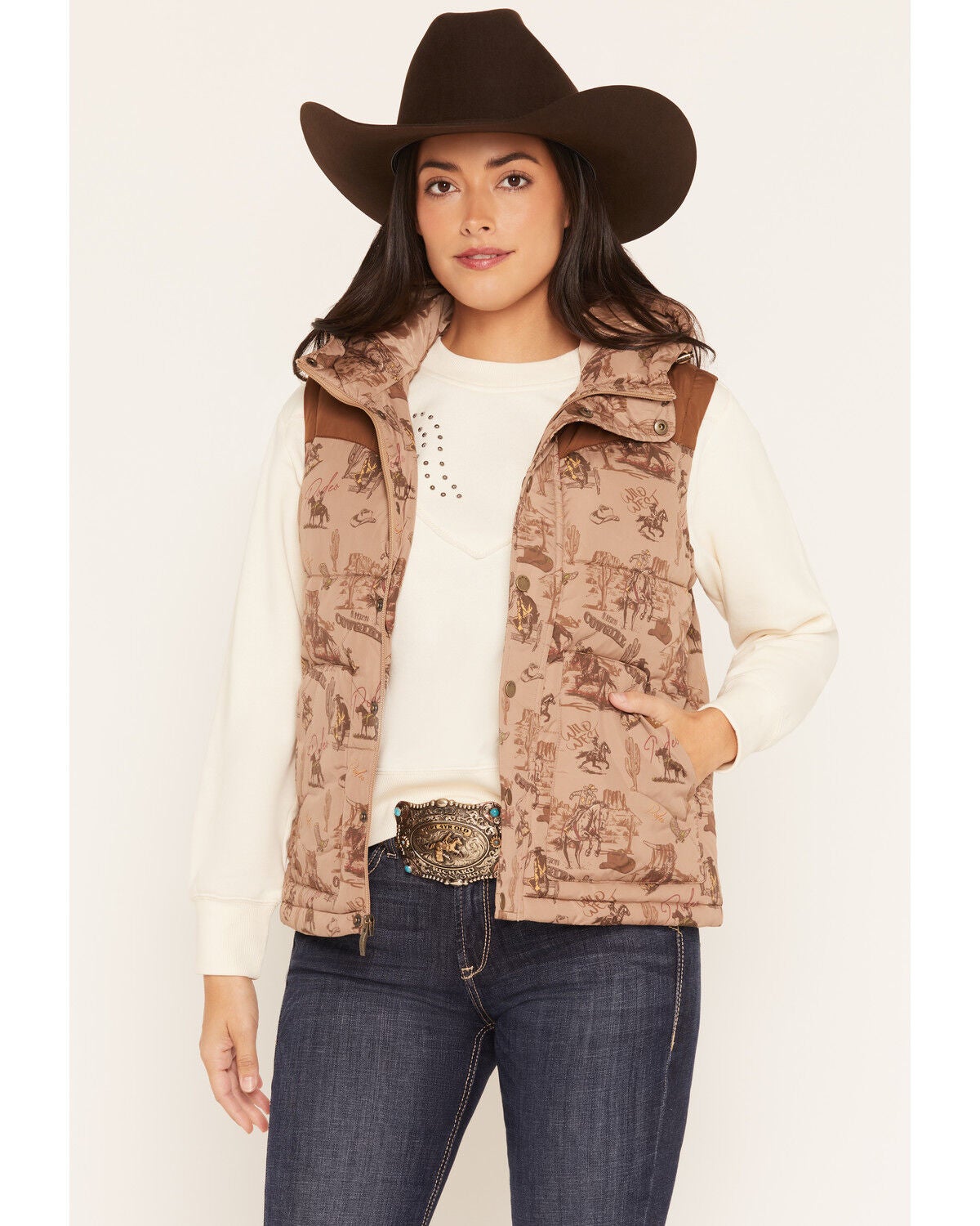 Ariat Women's Frontier Rodeo Print Puffer Vest, Wheat, hi-res