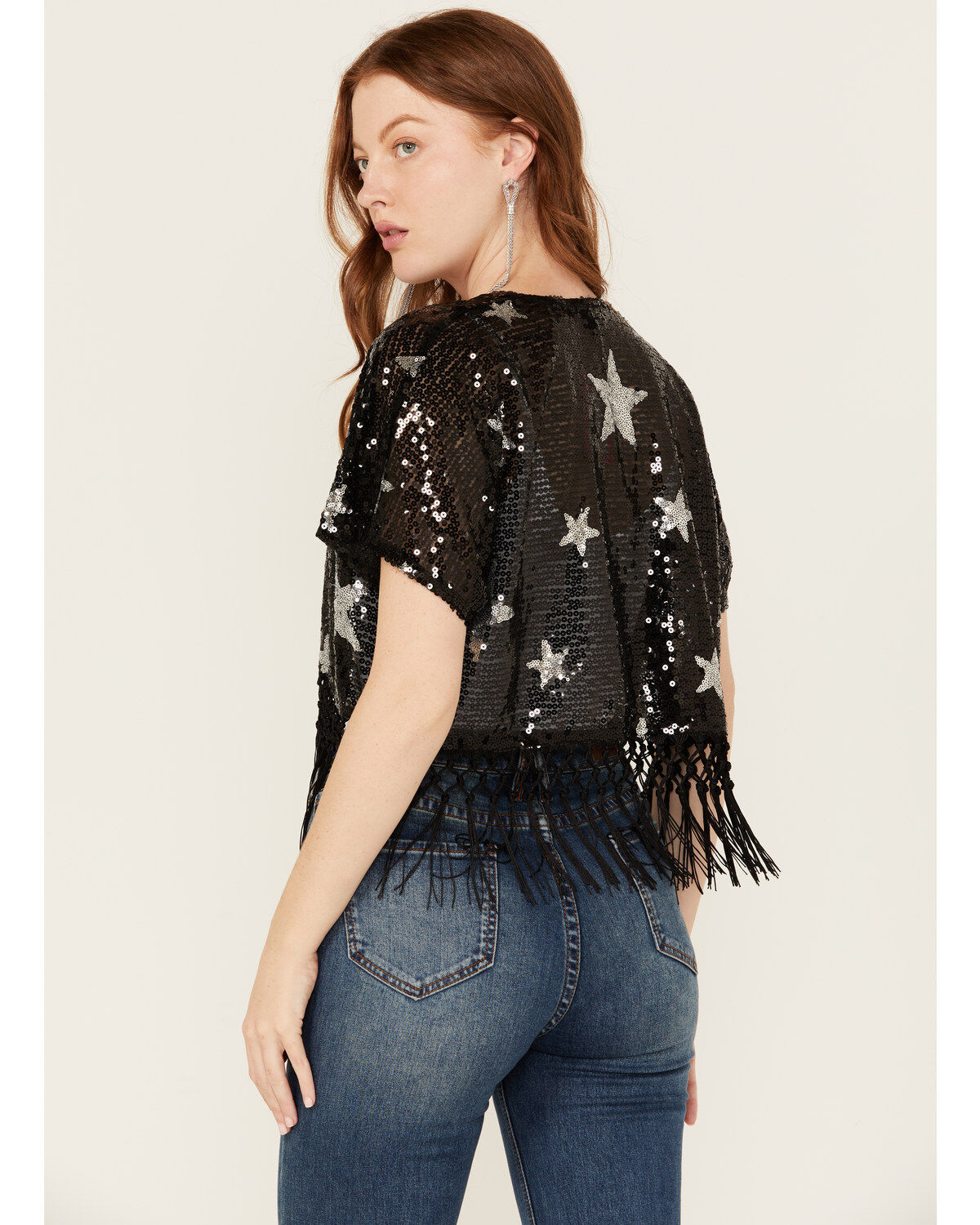 Image #4 - Rock & Roll Denim Women's Star Sequins Fringe Bolero, Black, hi-res