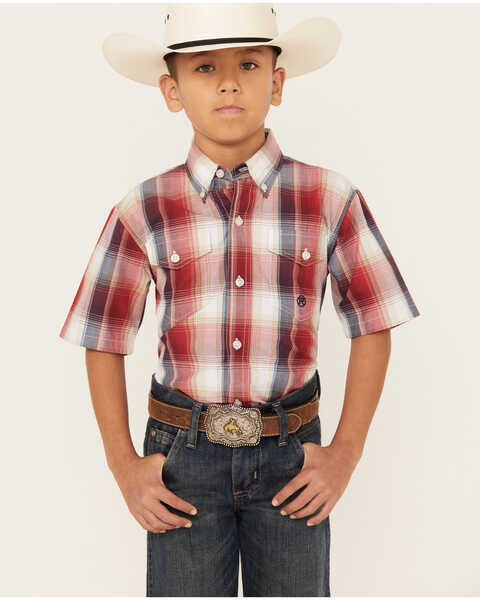 Roper Boys' Amarillo Plaid Print Short Sleeve Western Button-Down Shirt, Red, hi-res