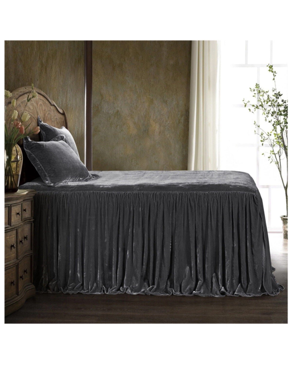HiEnd Accents Slate Stella Faux Silk & Velvet Queen 3-Piece Bedspread Set, Slate, hi-res
