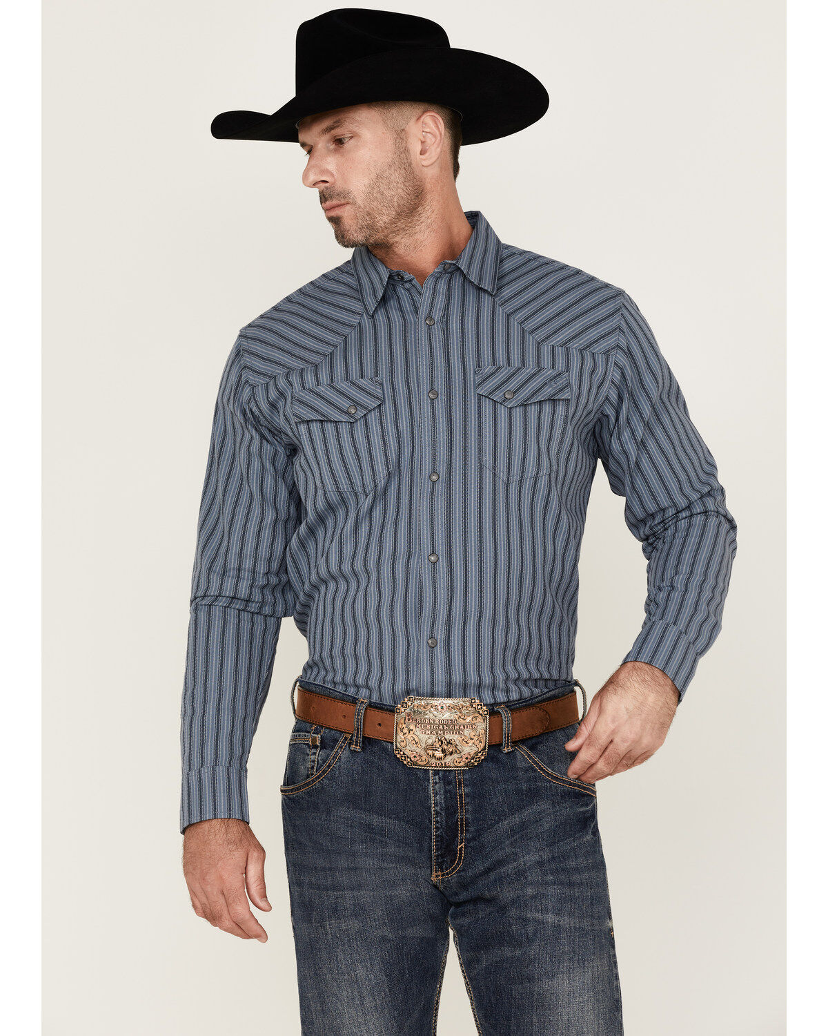 Image #2 - Blue Ranchwear Men's Yarn-Dye Stripe Long Sleeve Snap Western Workshirt, Indigo, hi-res