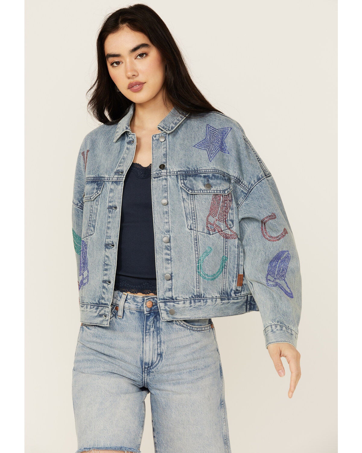 Rock & Roll Denim Women's Light Wash Rhinestone Embellished Denim Jacket, Light Wash, hi-res