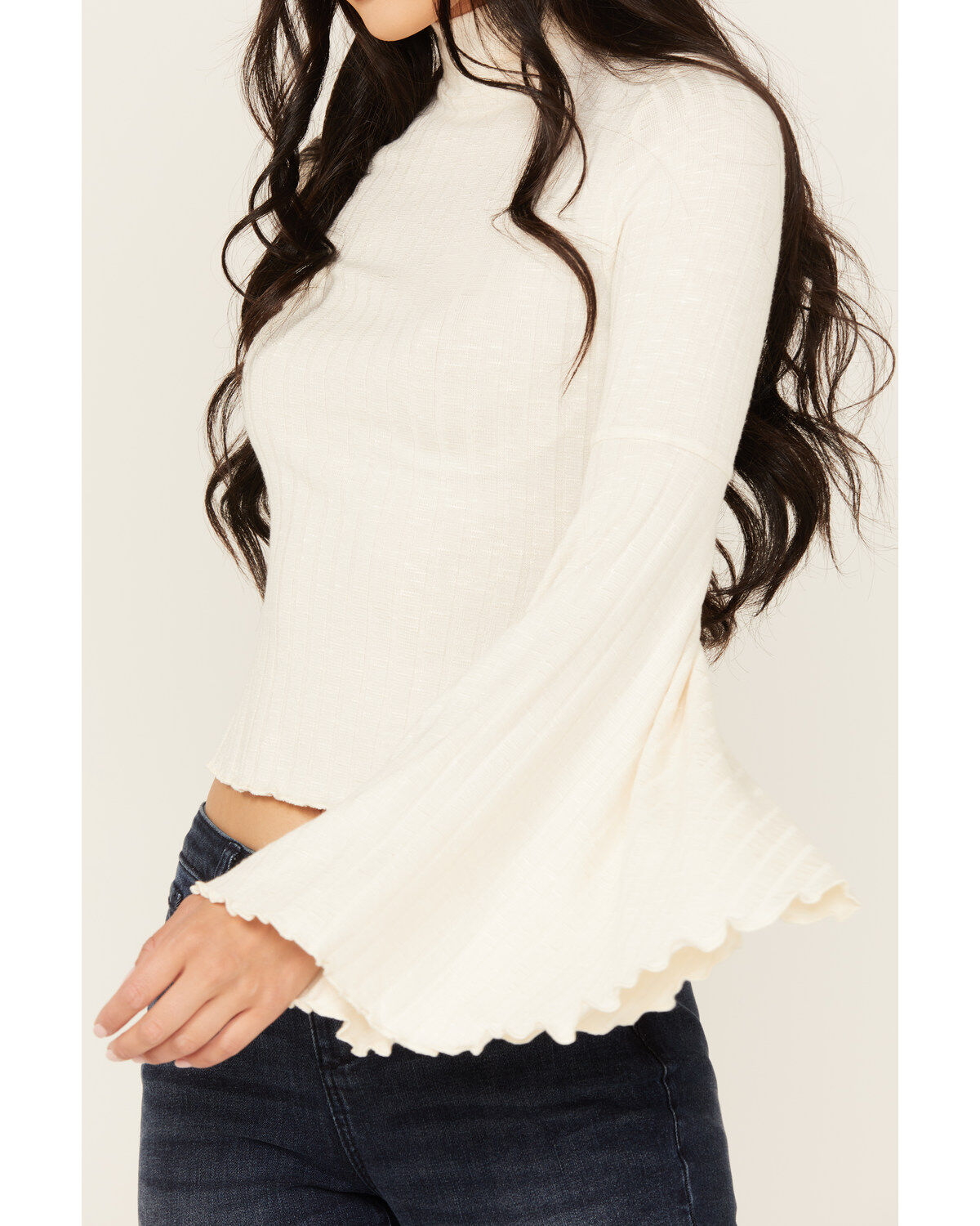 Image #3 - Shyanne Women's Rib Knit Mock Neck Bell Sleeve Top, Cream, hi-res
