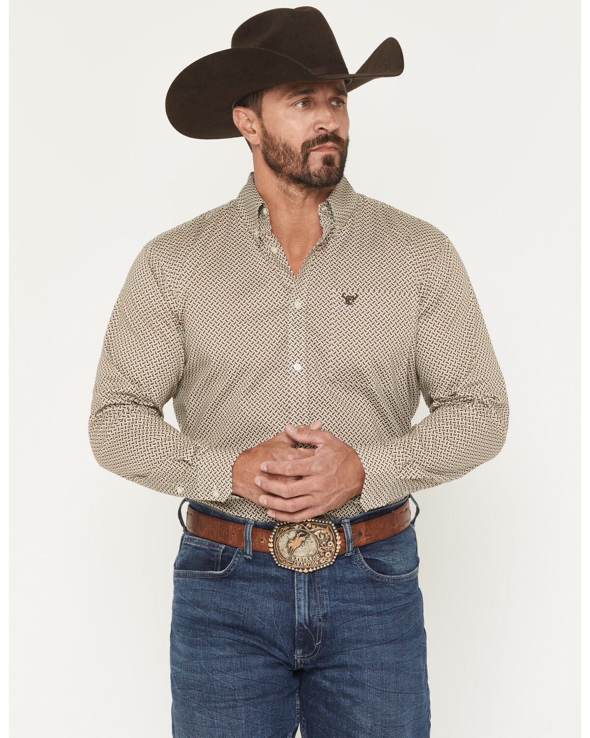 Cowboy Hardware Men's Basket Weave Geo Print Long Sleeve Button-Down Stretch Western Shirt, Tan, hi-res
