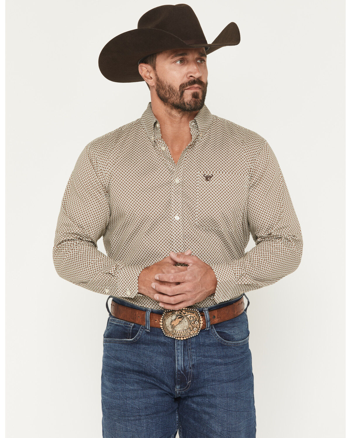 Image #1 - Cowboy Hardware Men's Basket Weave Geo Print Long Sleeve Button-Down Stretch Western Shirt, Tan, hi-res