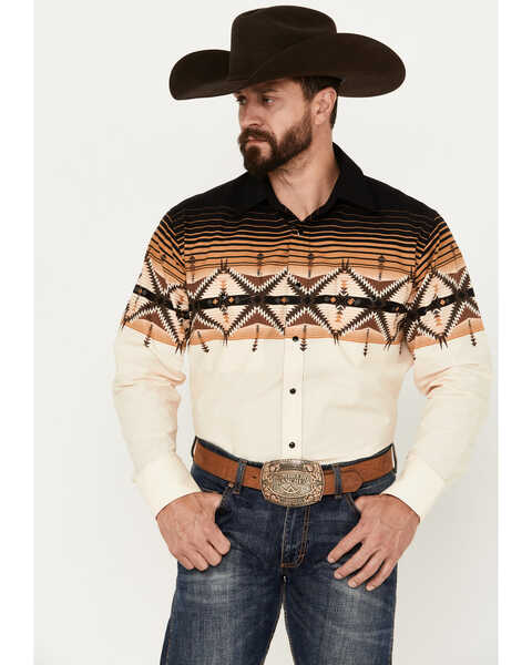 Panhandle Men's Southwestern Borders Long Sleeve Snap Western Shirt , Brown, hi-res