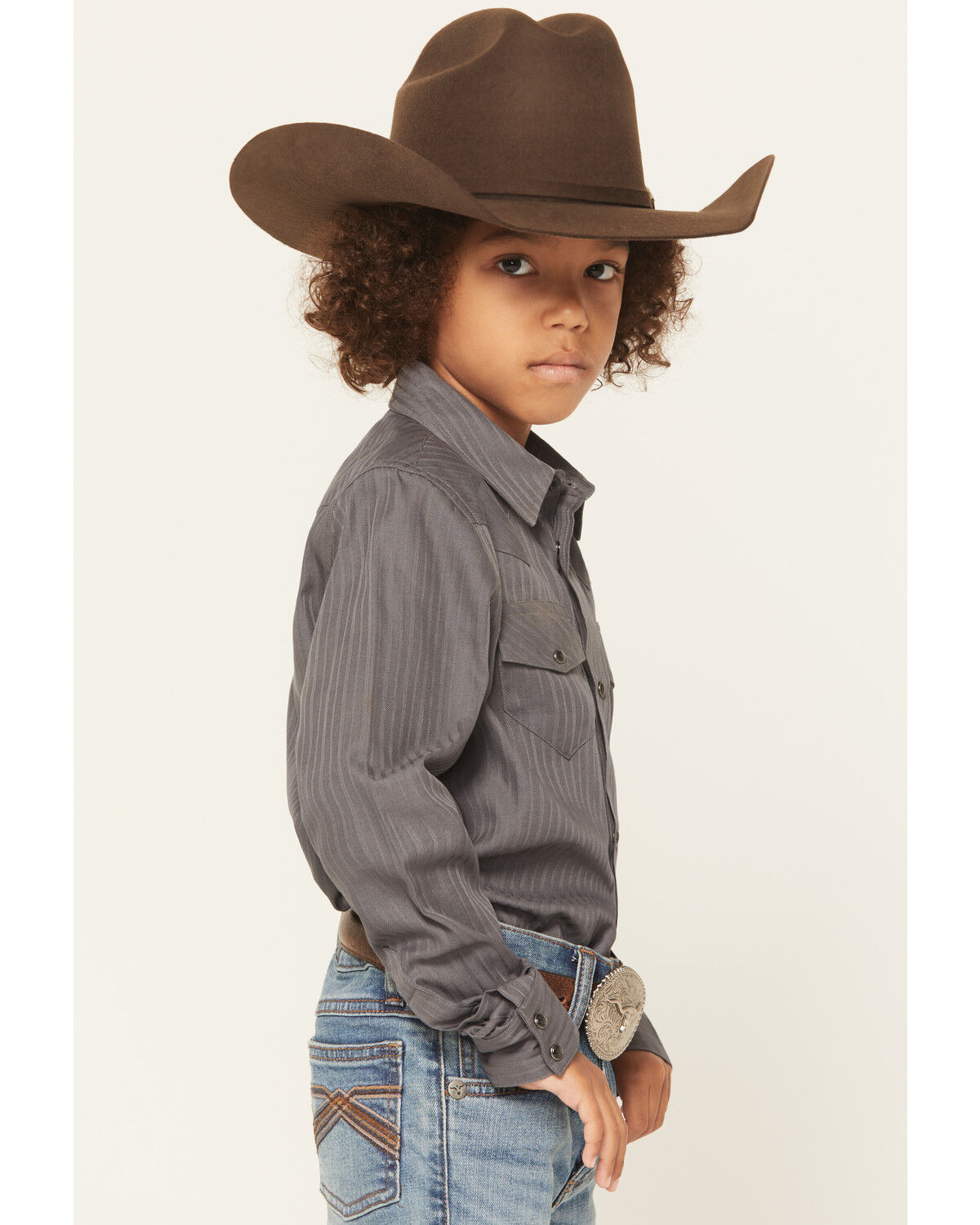 Image #2 - Gibson Trading Co Boys' Striped Long Sleeve Pearl Snap Western Shirt, Grey, hi-res