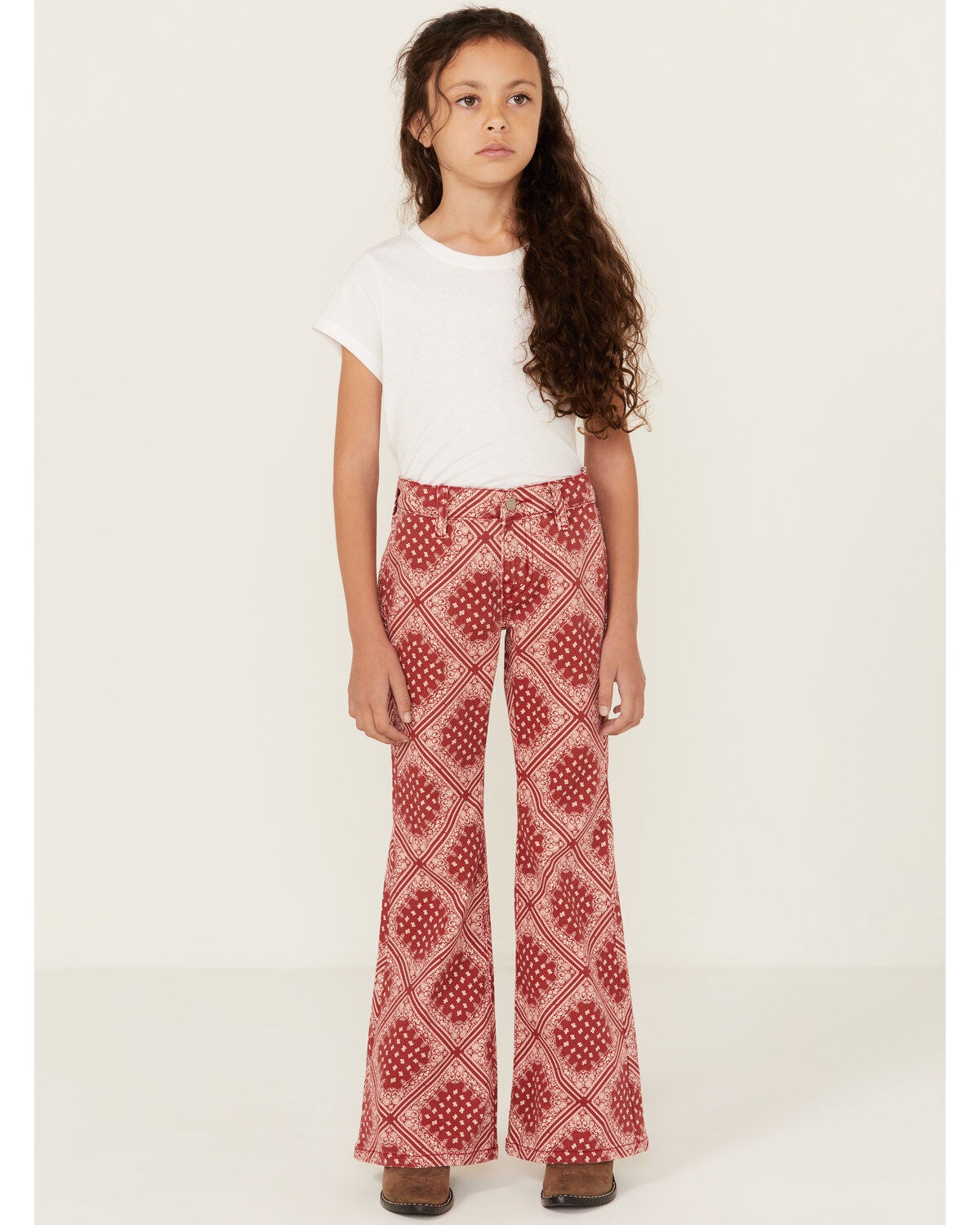 Panhandle Girls' Bandana Print Flare Stretch Denim Jeans, Red, hi-res