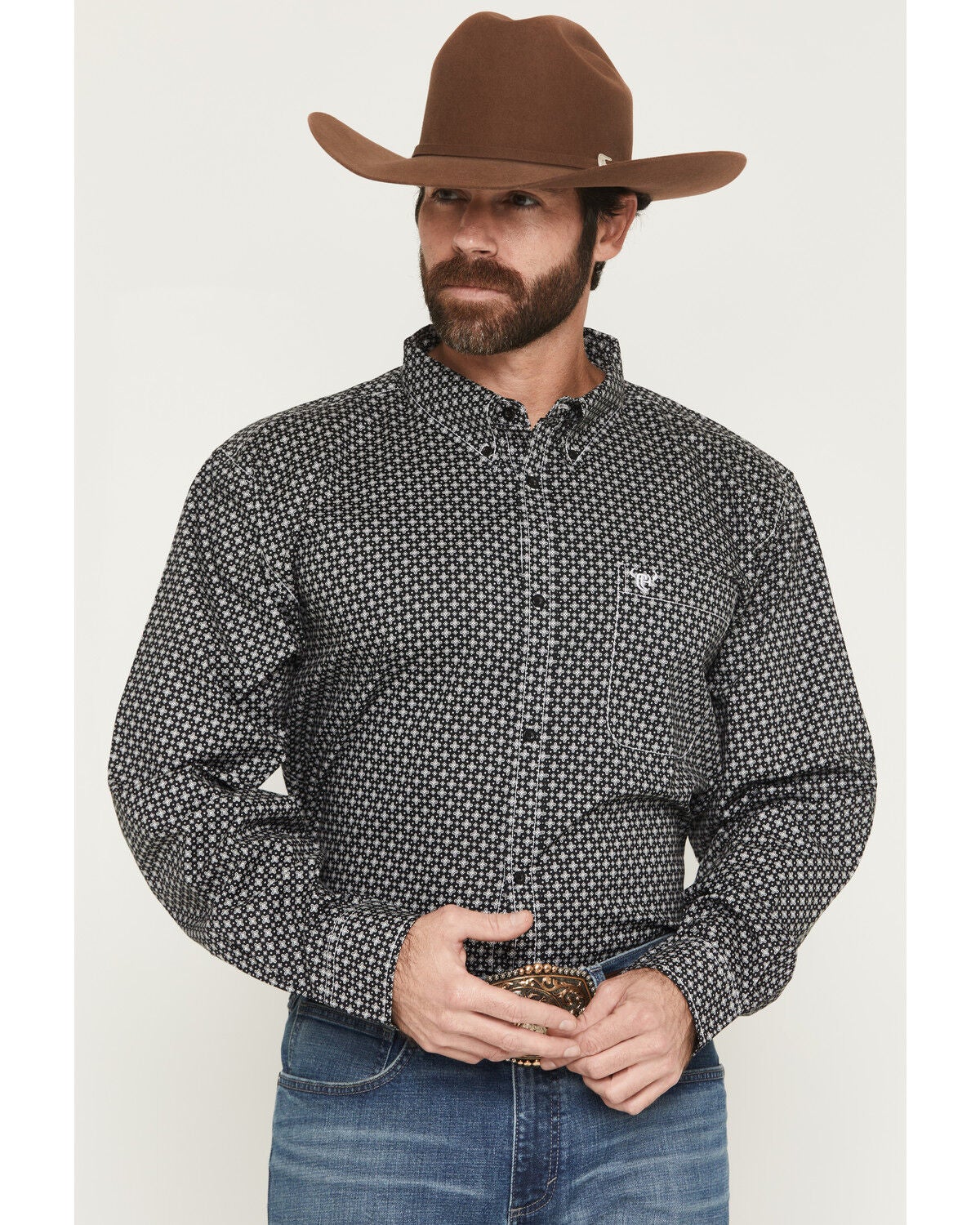 Image #1 - Cowboy Hardware Men's McKay Micro Geo Print Long Sleeve Button-Down Stretch Western Shirt, Black, hi-res