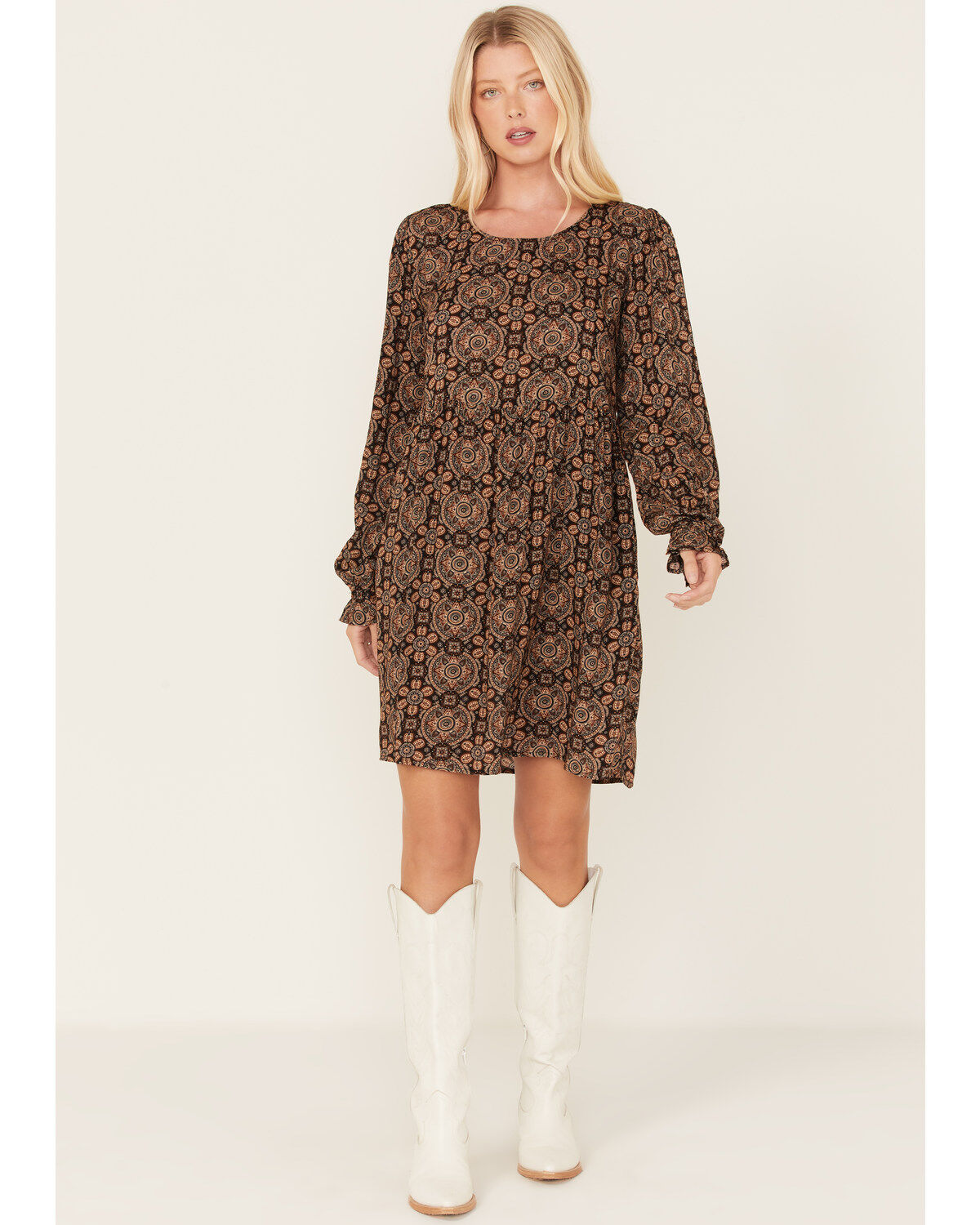 Image #2 - Stetson Women's Praire Paisley Print Long Sleeve Mini Dress, Brown, hi-res
