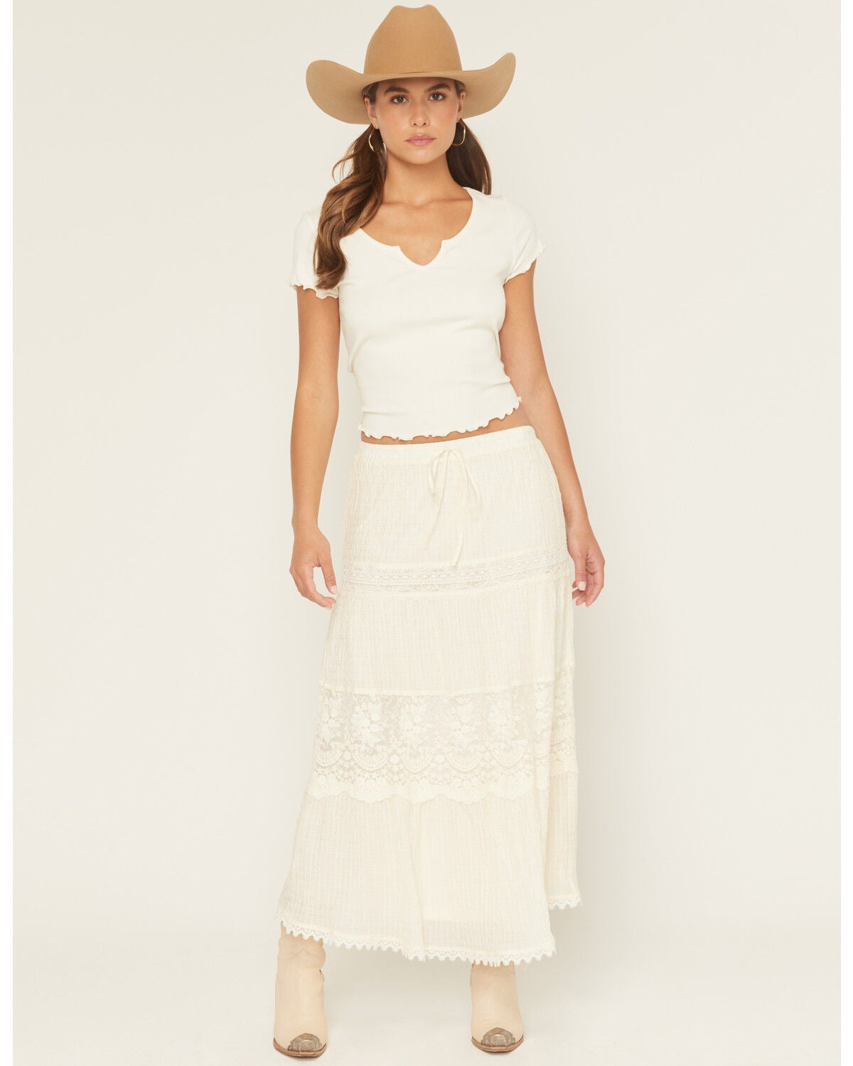 Listicle Women's Tiered Lace Midi Skirt, Cream, hi-res