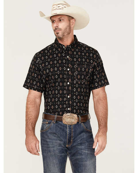Panhandle Men's Performance Southwestern Diamond Print Short Sleeve Button-Down Western Shirt , Black, hi-res