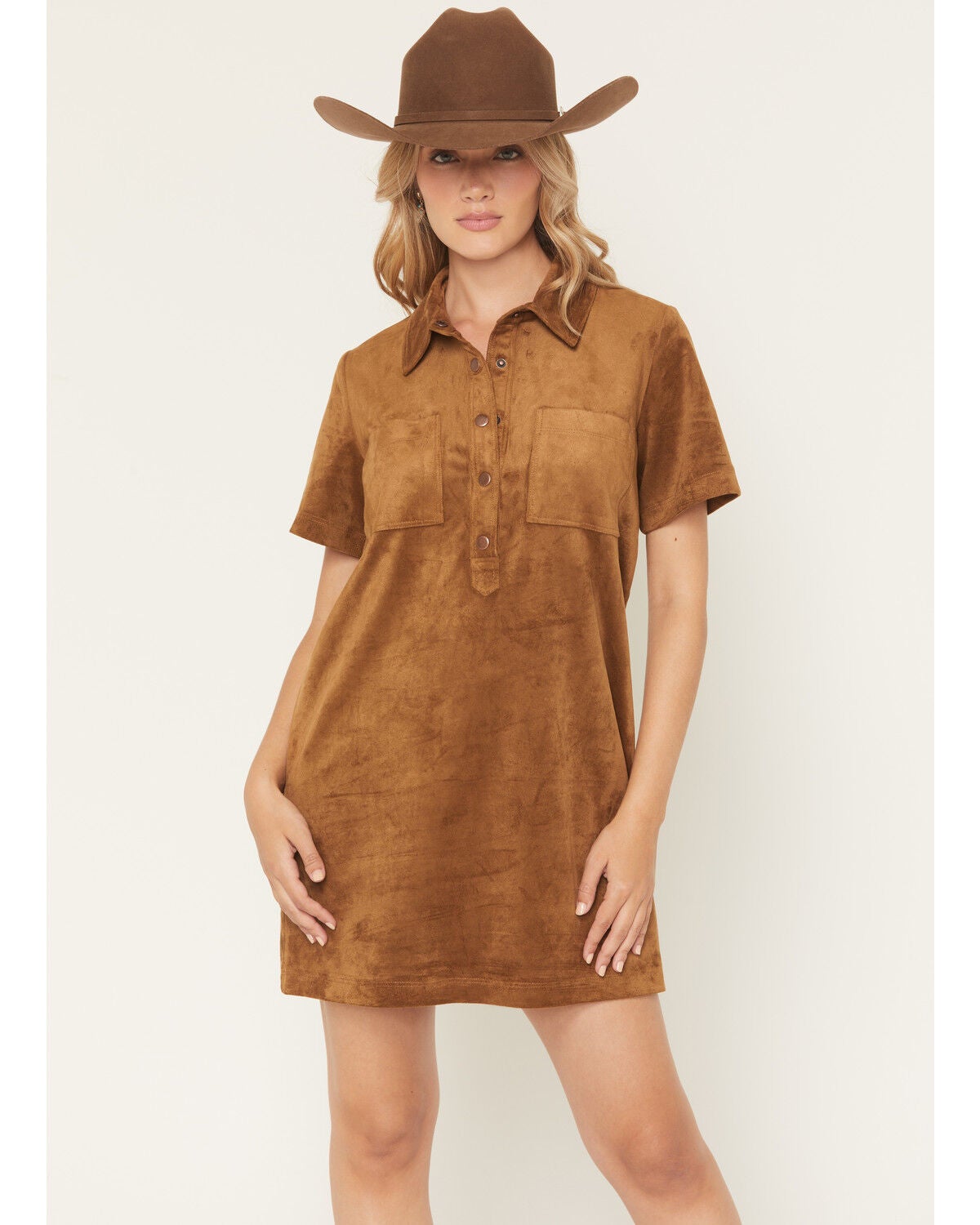 White Crow Women's Faux Suede Short Sleeve Snap Mini Dress, Brown, hi-res