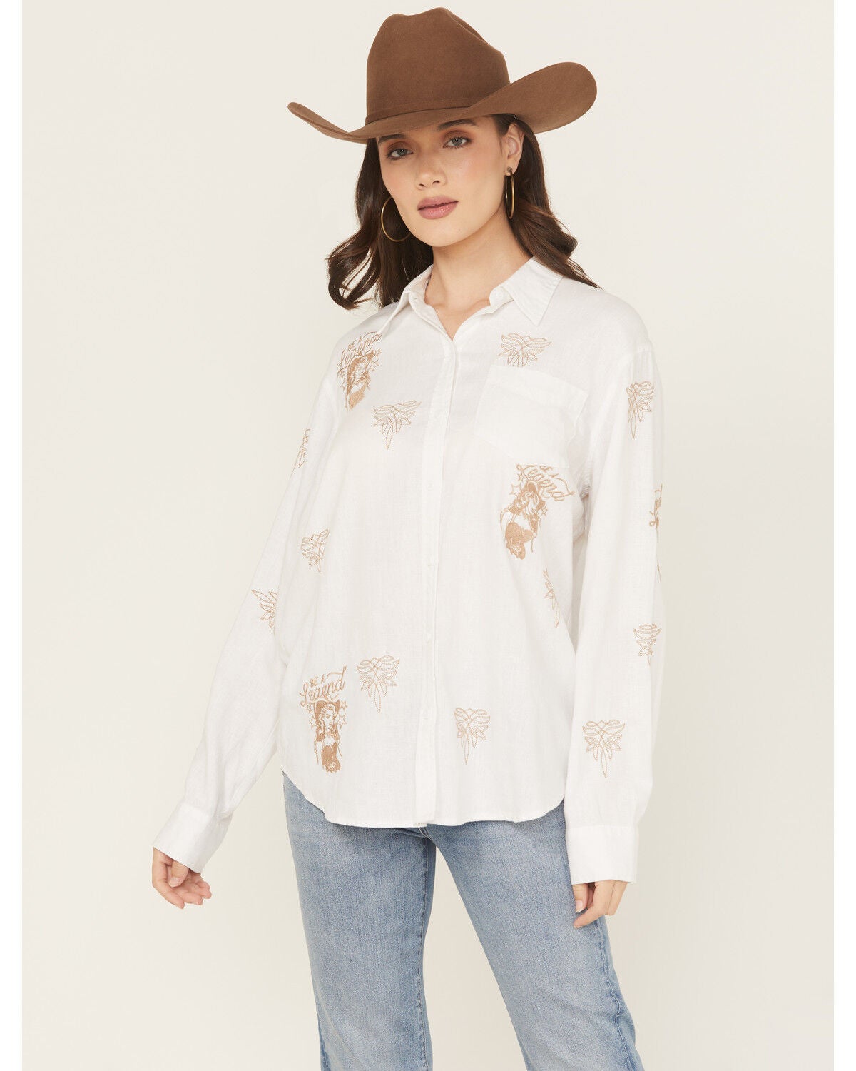 Blue B Women's Western Embroidered Long Sleeve Button-Down Western Shirt, Off White, hi-res