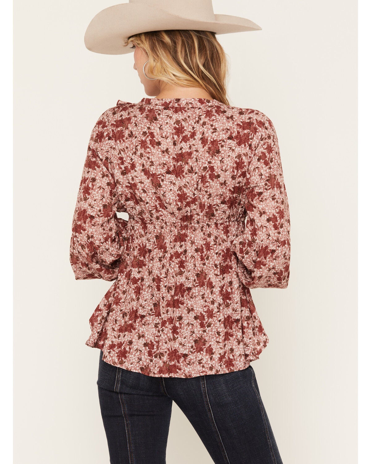 Image #4 - Wild Moss Women's Floral Print Ruffle Long Sleeve Top, Burgundy, hi-res