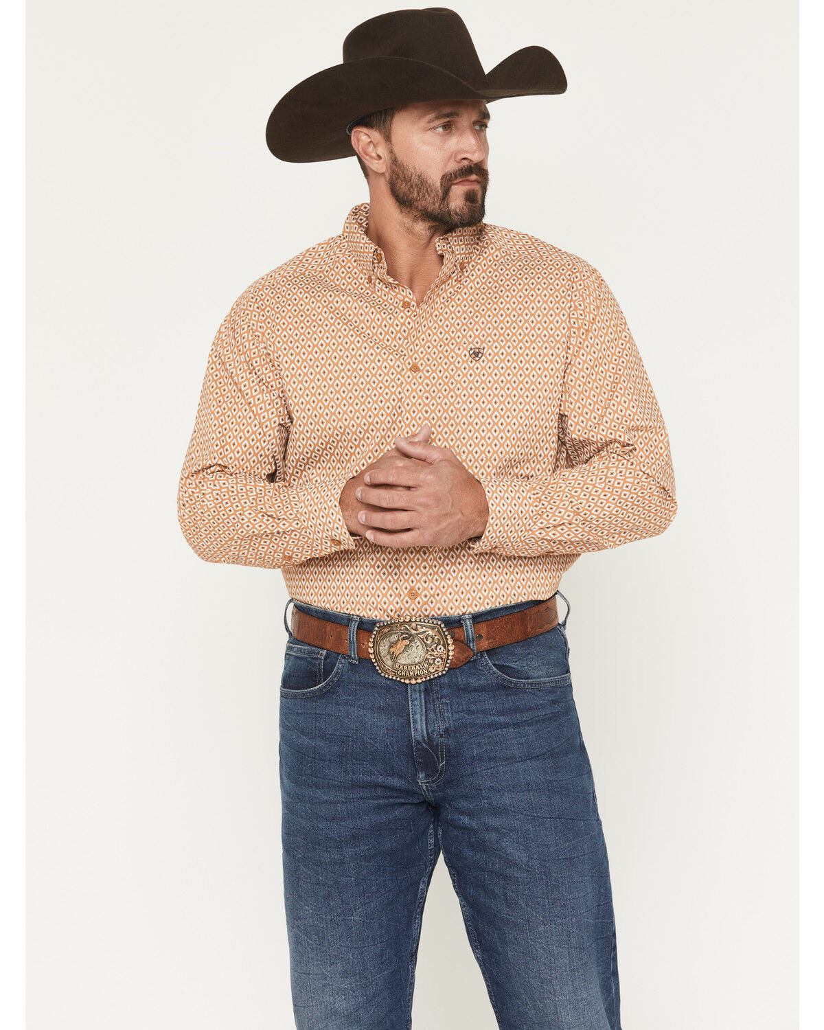 Image #1 - Ariat Men's Burnis Geo Print Long Sleeve Button-Down Western Shirt, Tan, hi-res