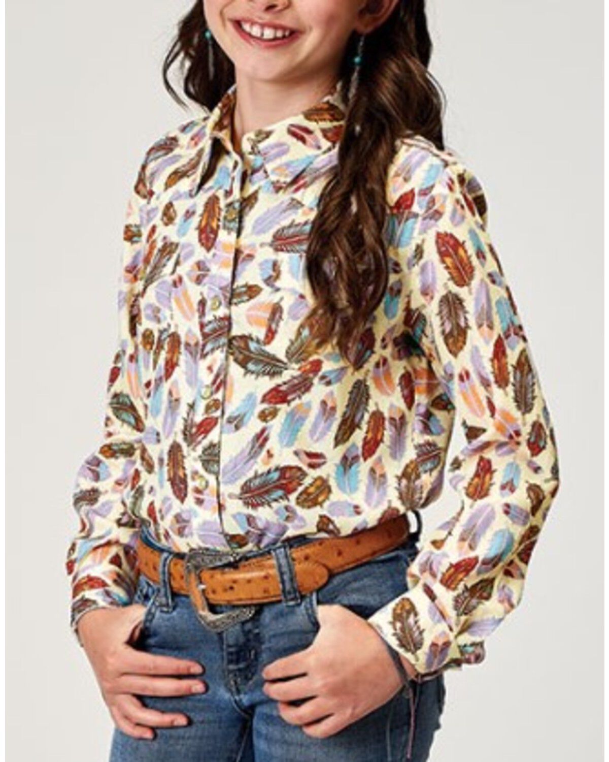 Image #1 - Roper Girls' Feather Print Long Sleeve Snap Western Shirt, Cream, hi-res