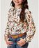 Image #1 - Roper Girls' Feather Print Long Sleeve Snap Western Shirt, Cream, hi-res