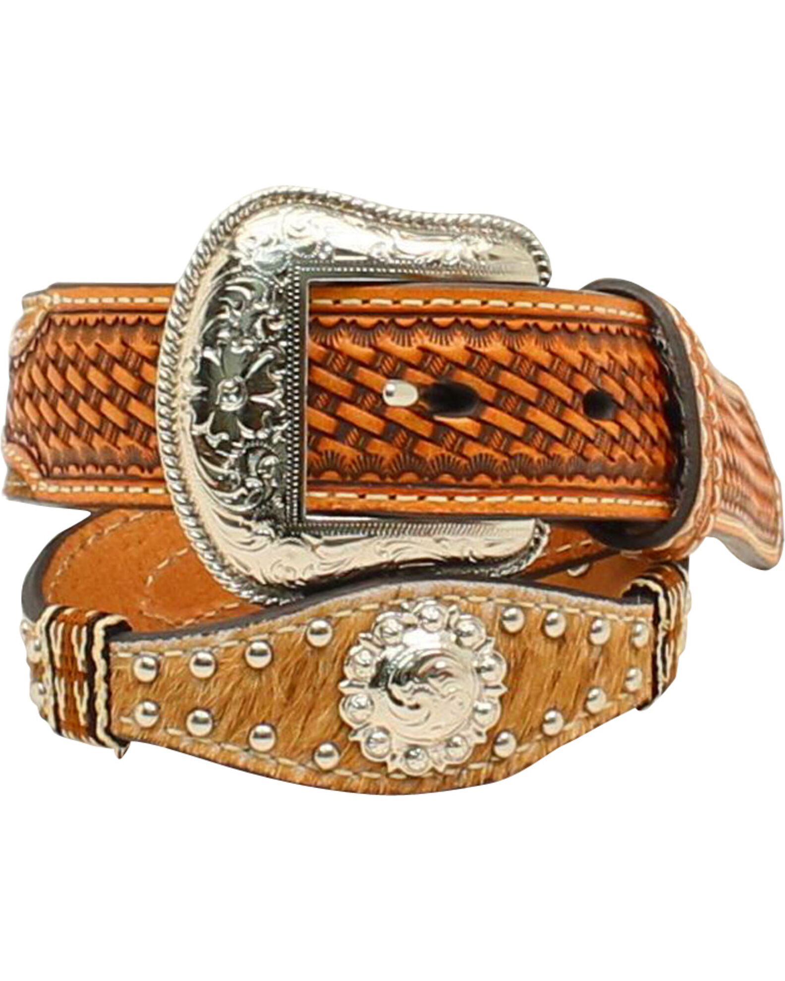 Image #1 - Nocona Boys' Scallop Calf Hair Ribbon Belt, Natural, hi-res