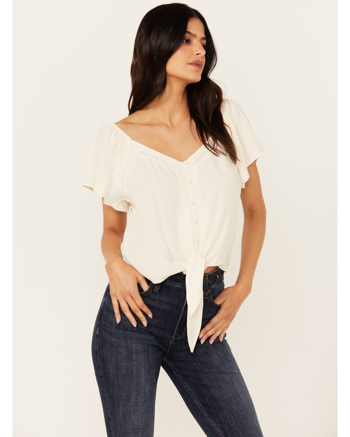 Idyllwind Women's Tern Flutter Sleeve Tie Front Top, Ivory, hi-res
