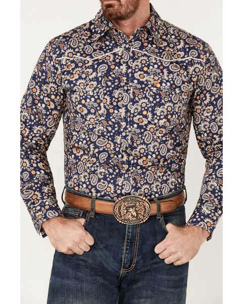 Image #3 - Cowboy Hardware Men's Paisley Print Long Sleeve Pearl Snap Western Shirt, Navy, hi-res