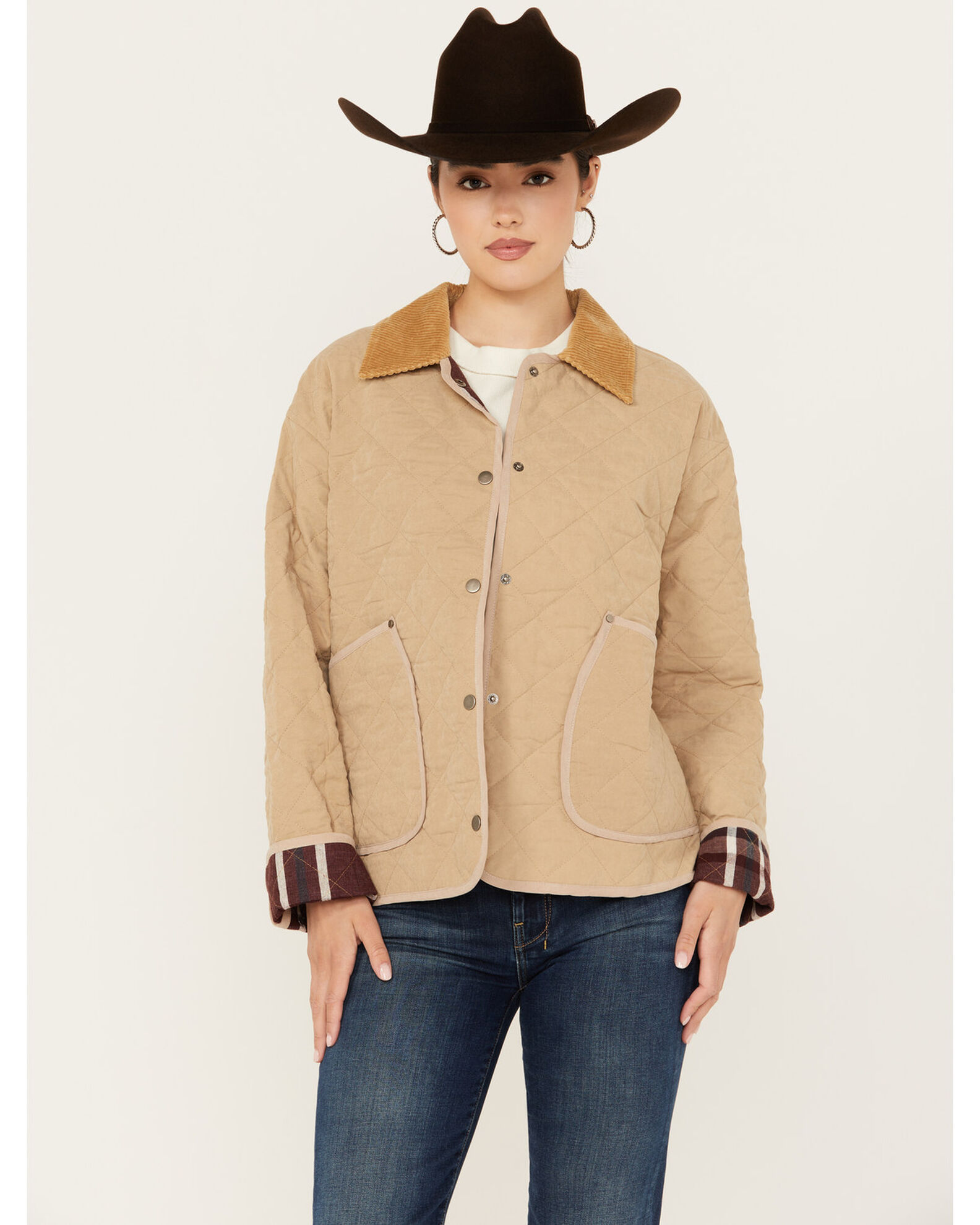 Womens quilted jacket with plaid clearance lining