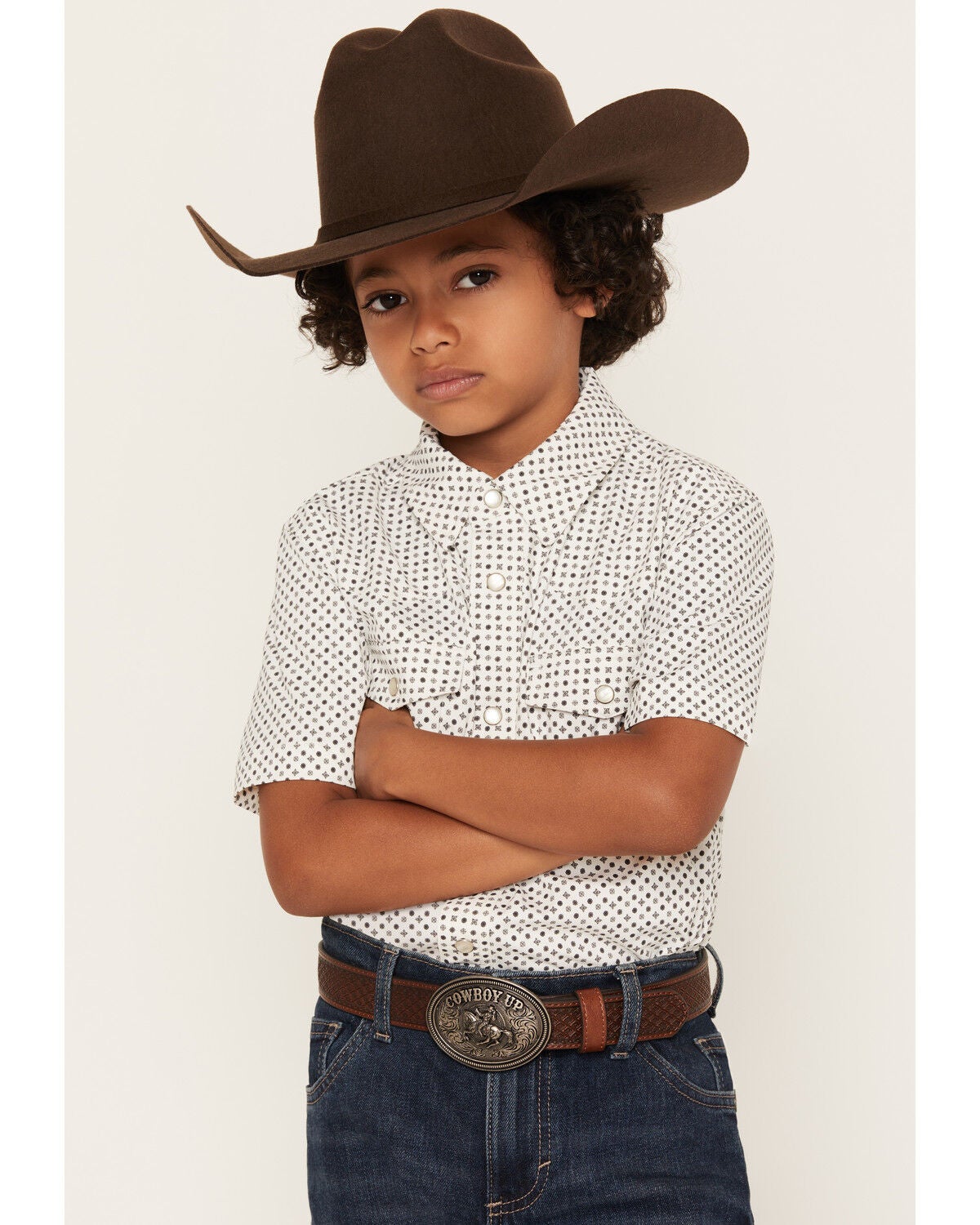 Rock & Rock Denim Boys' Tek Geo Print Short Sleeve Pearl Snap Stretch Western Shirt, White, hi-res