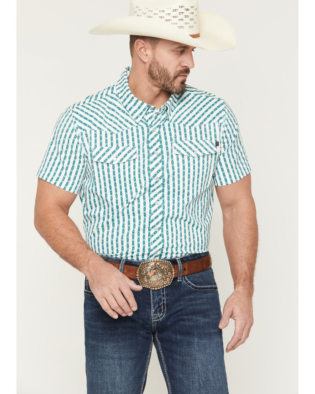 Image #1 - Rock & Roll Denim Men's TEK Core Southwestern Striped Short Sleeve Stretch Western Shirt, Turquoise, hi-res