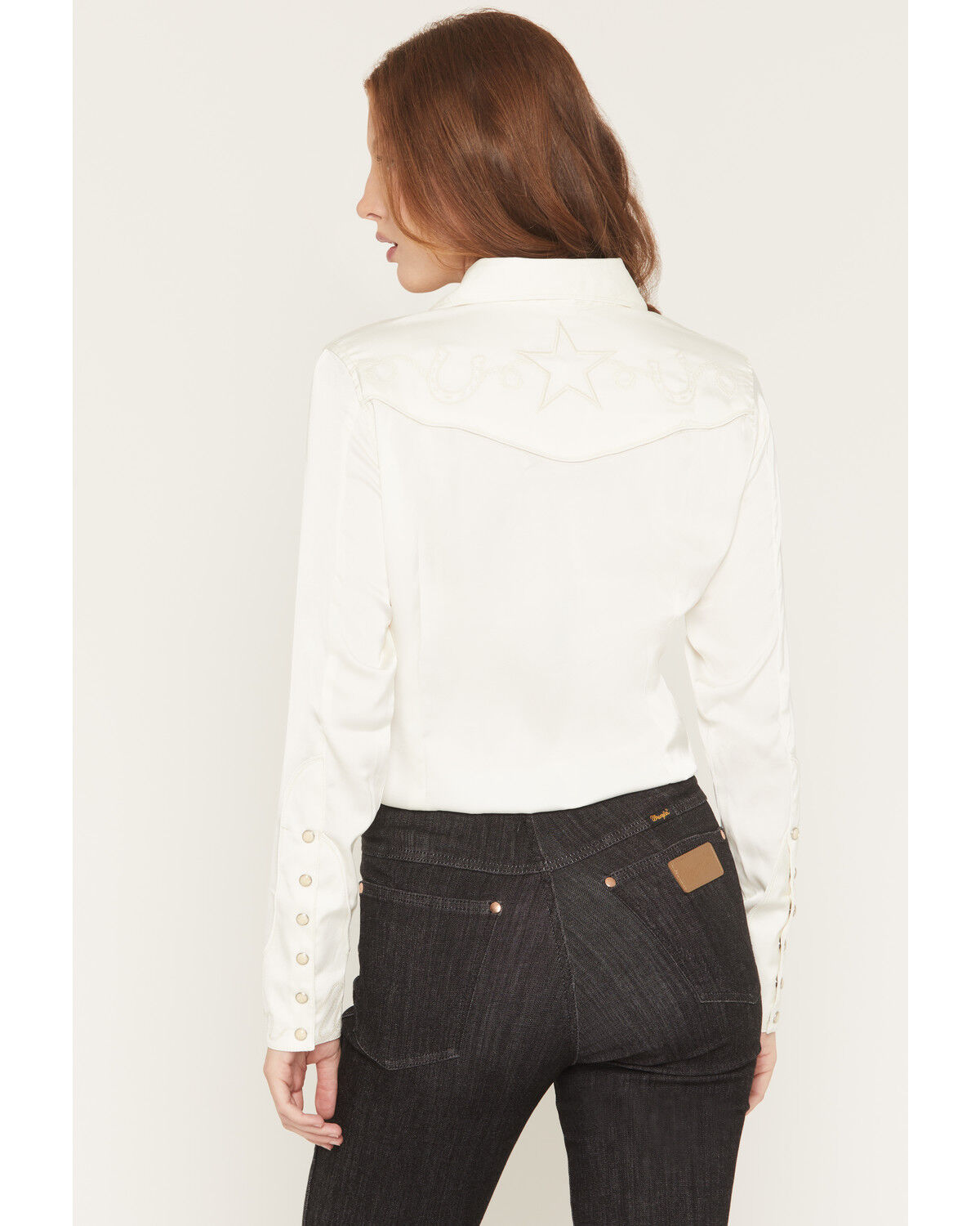 Image #6 - Wrangler X Lainey Wilson Women's Satin Star Embroidered Long Sleeve Snap Western Shirt, White, hi-res