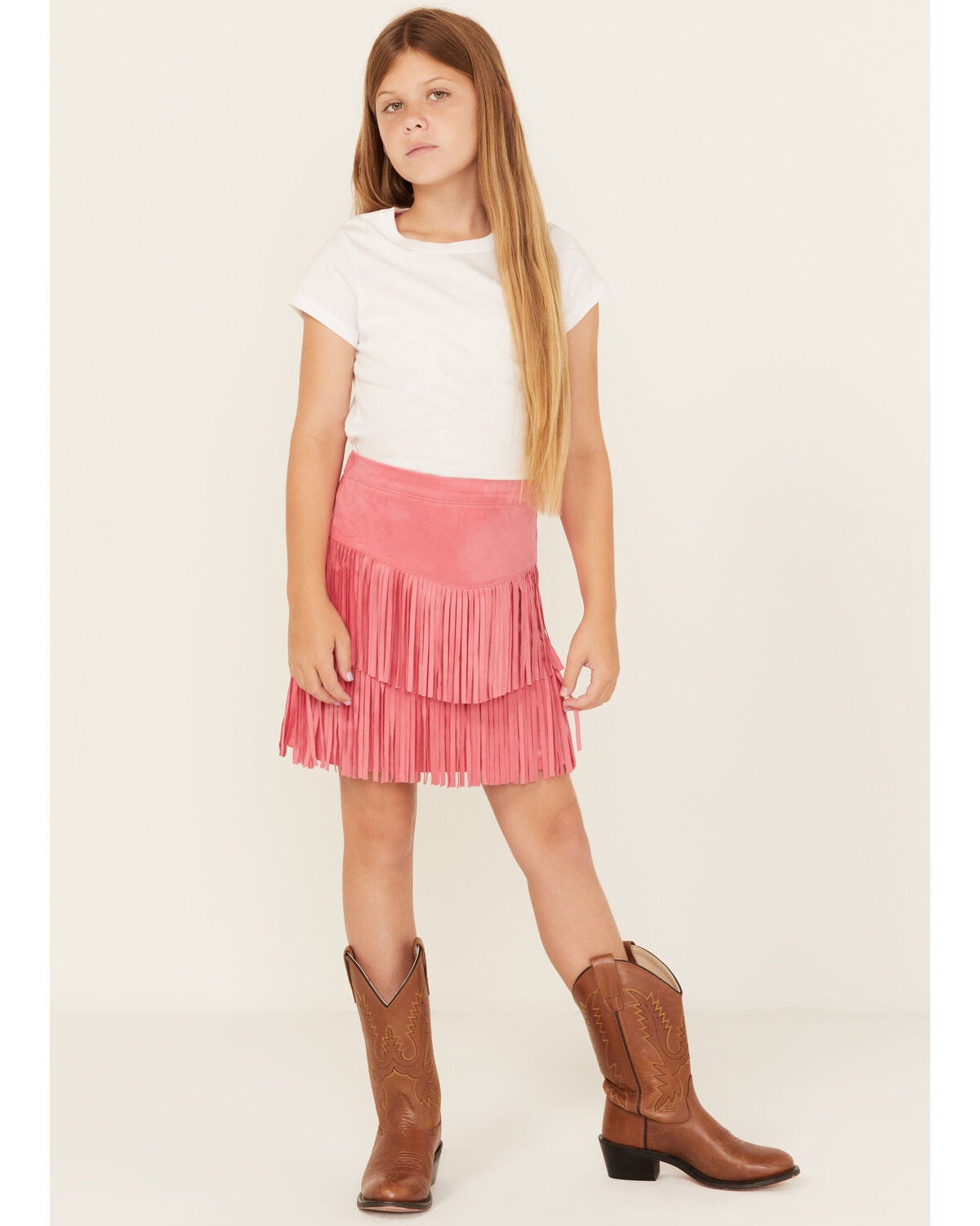 Shyanne Girls' Faux Suede Fringe Skirt, Hot Pink, hi-res