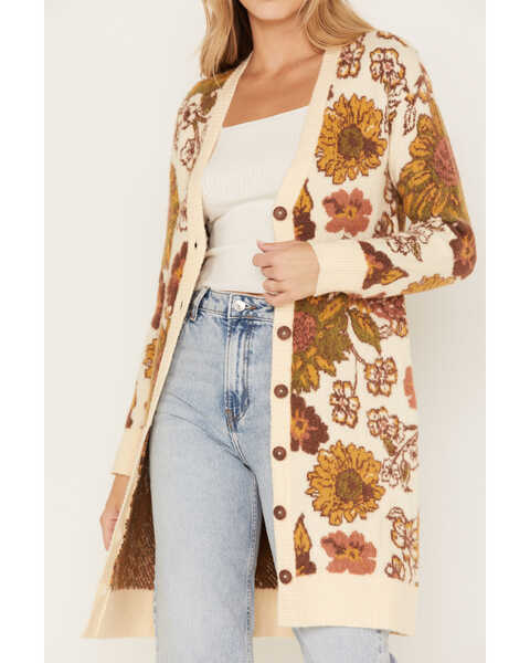Cleo + Wolf Women's Floral Knit Jacquard Long Cardigan Sweater