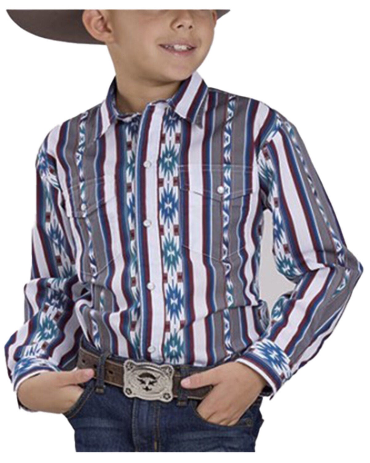 Roper Boys' Checotah Southwestern Striped Long Sleeve Pearl Snap Western Shirt, Grey, hi-res