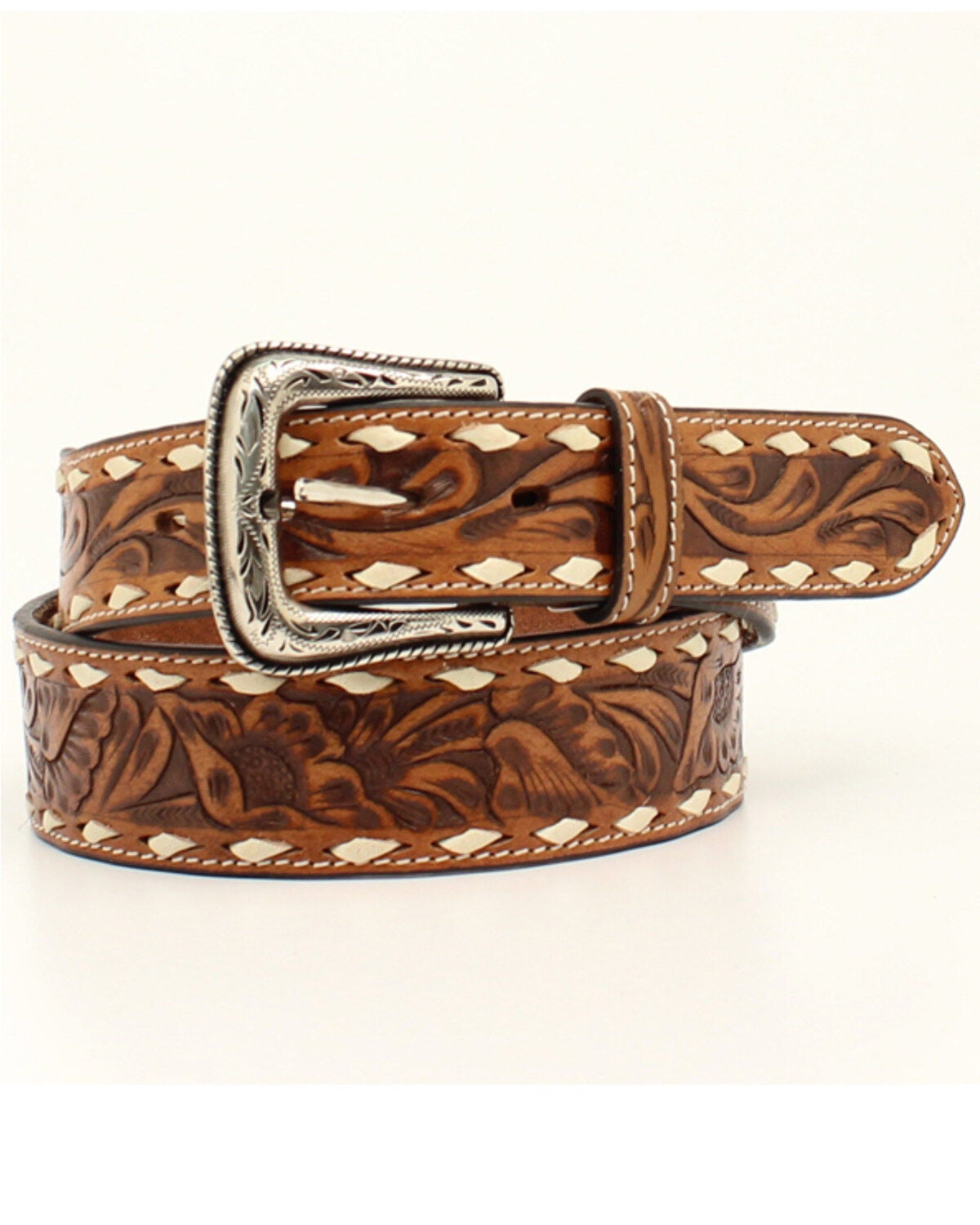 M & F Western Men's Brown Buckstitch Lace Floral Tooled, Brown, hi-res