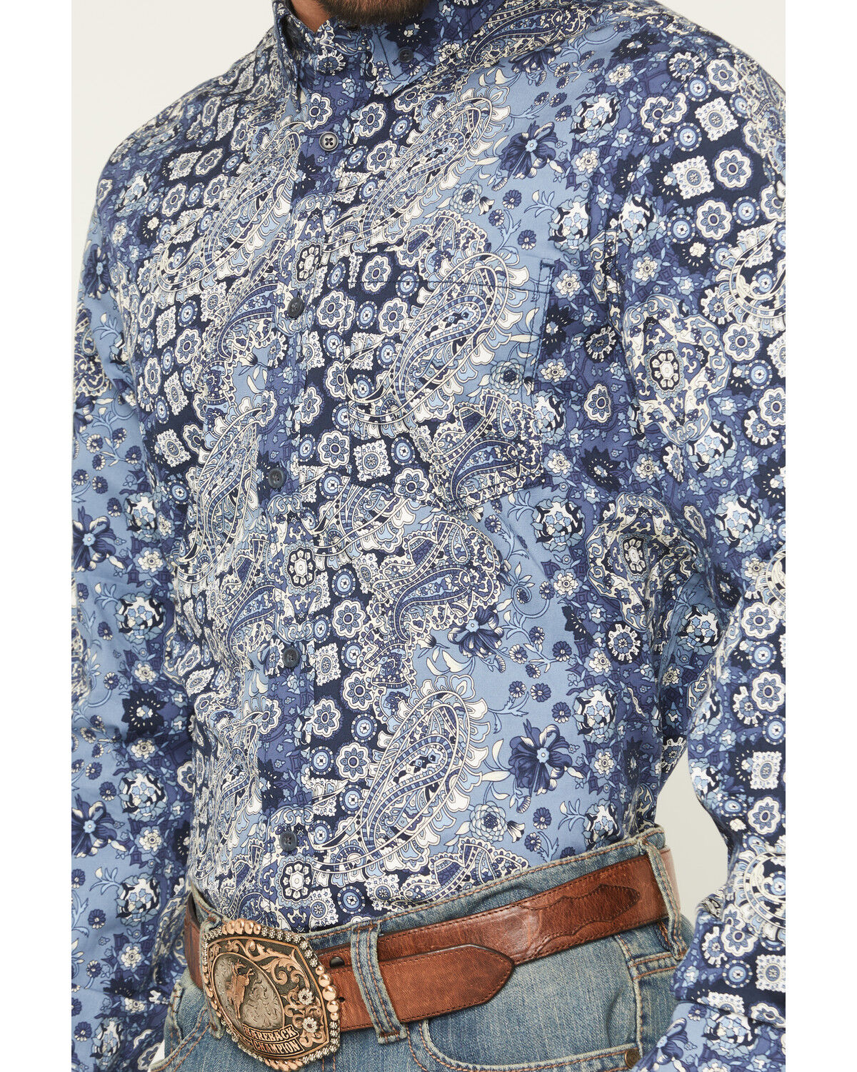 Image #3 - Cody James Men's Ride 'Em Cowboy Paisley Print Long Sleeve Button-Down Stretch Western Shirt, Blue, hi-res