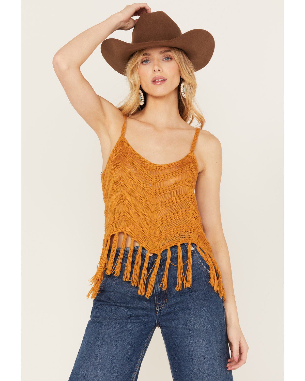 Rock & Roll Denim Women's Crochet Fringe Tank, Gold, hi-res