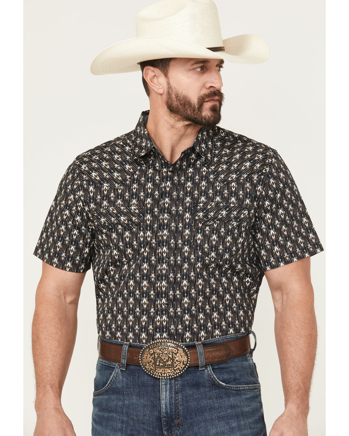 Image #1 - Cody James Men's Alpine Southwestern Stripe Print Short Sleeve Snap Western Shirt, Navy, hi-res