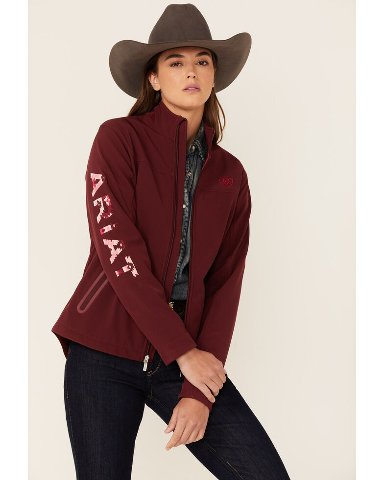 Ariat Women's New Team Zinfandel Southwestern Print Logo Softshell Jacket, Maroon, hi-res
