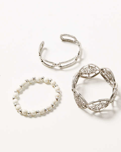 Shyanne Women's Ivory Bead & Metal Stretch 3pc Bracelet Set, Silver, hi-res