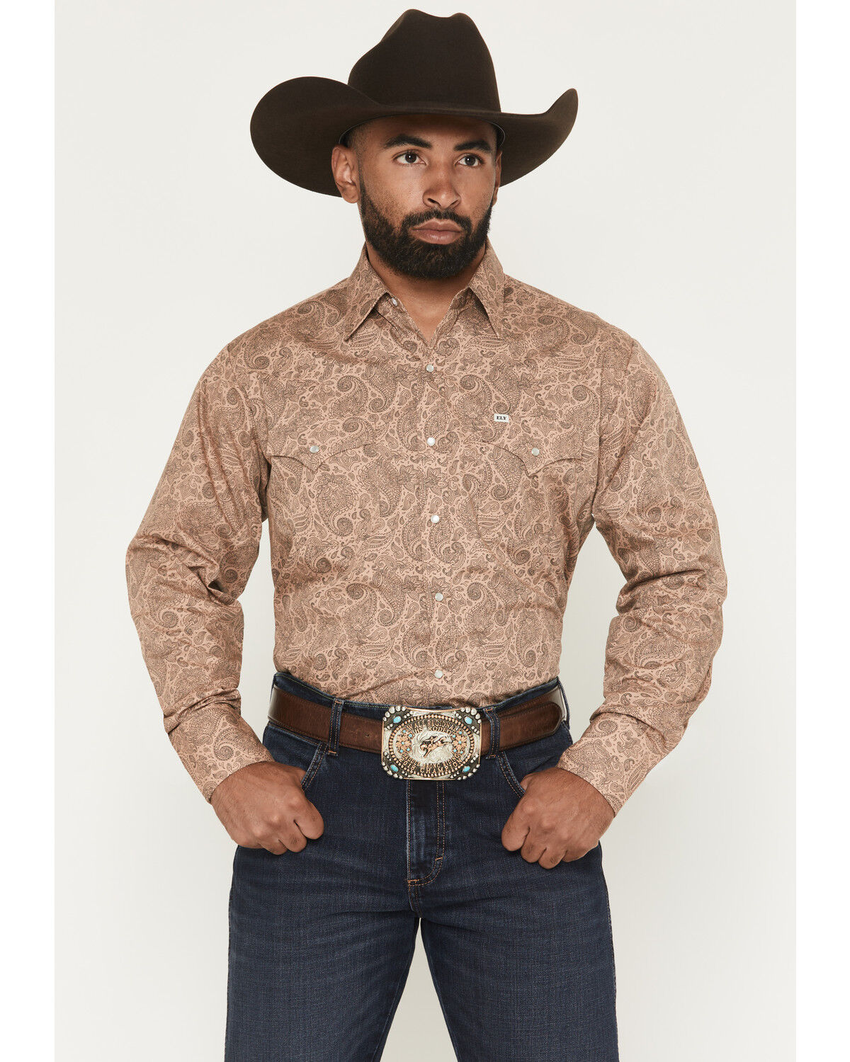 Image #1 - Ely Walker Men's Paisley Print Long Sleeve Pearl Snap Western Shirt, Khaki, hi-res