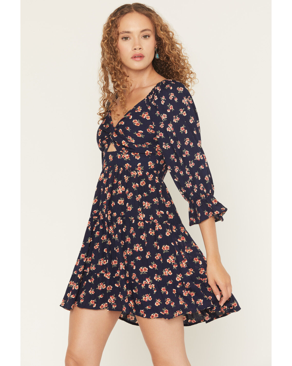 Angie Women's Floral Print Knot Front Mini Dress