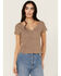 Image #1 - Cleo + Wolf Women's King Arthur Printed Short Sleeve Cropped Baby Tee, Chocolate, hi-res