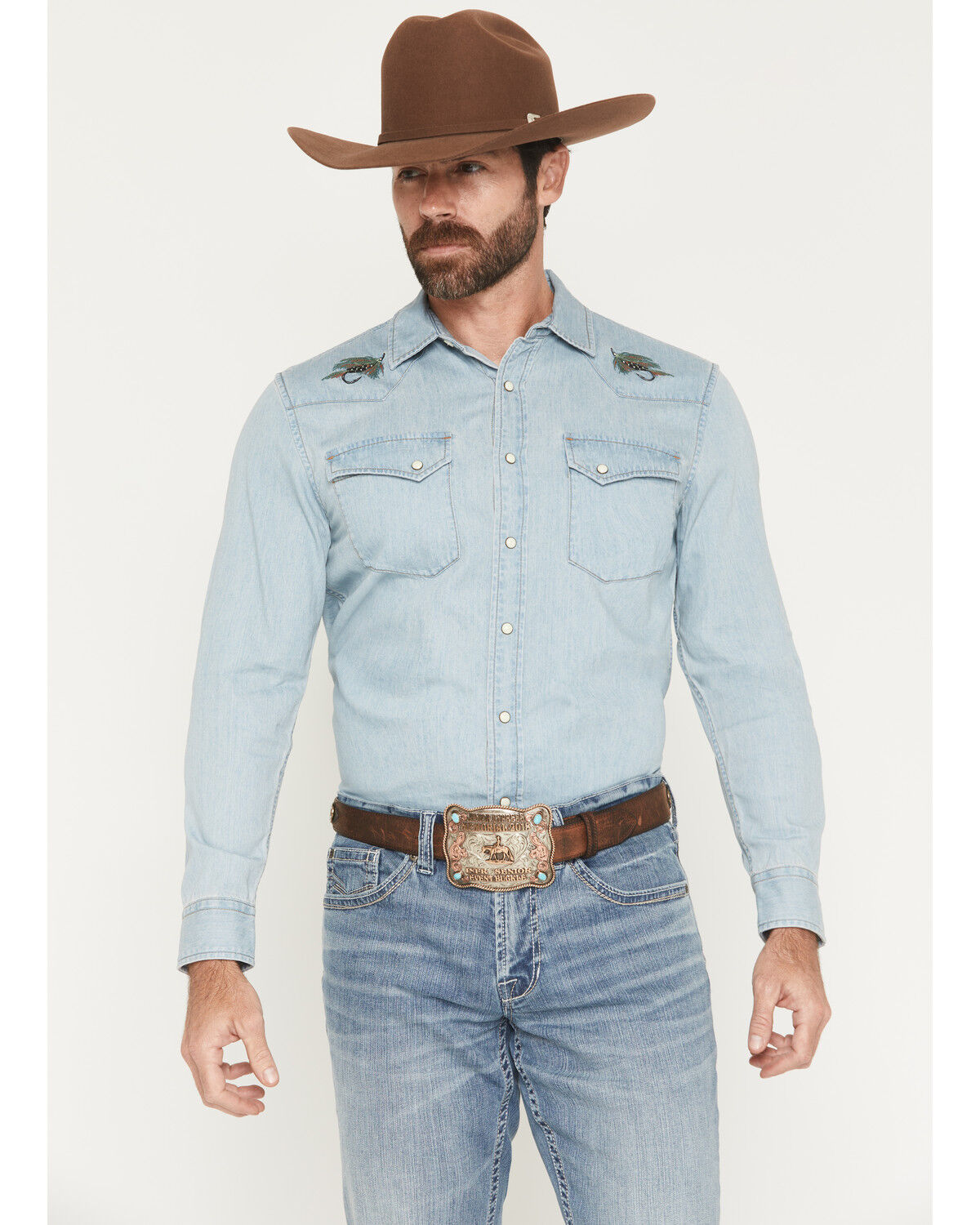 Image #1 - Pendleton Men's Light Wash Wash Gambler Long Sleeve Snap Denim Western Shirt, Light Wash, hi-res