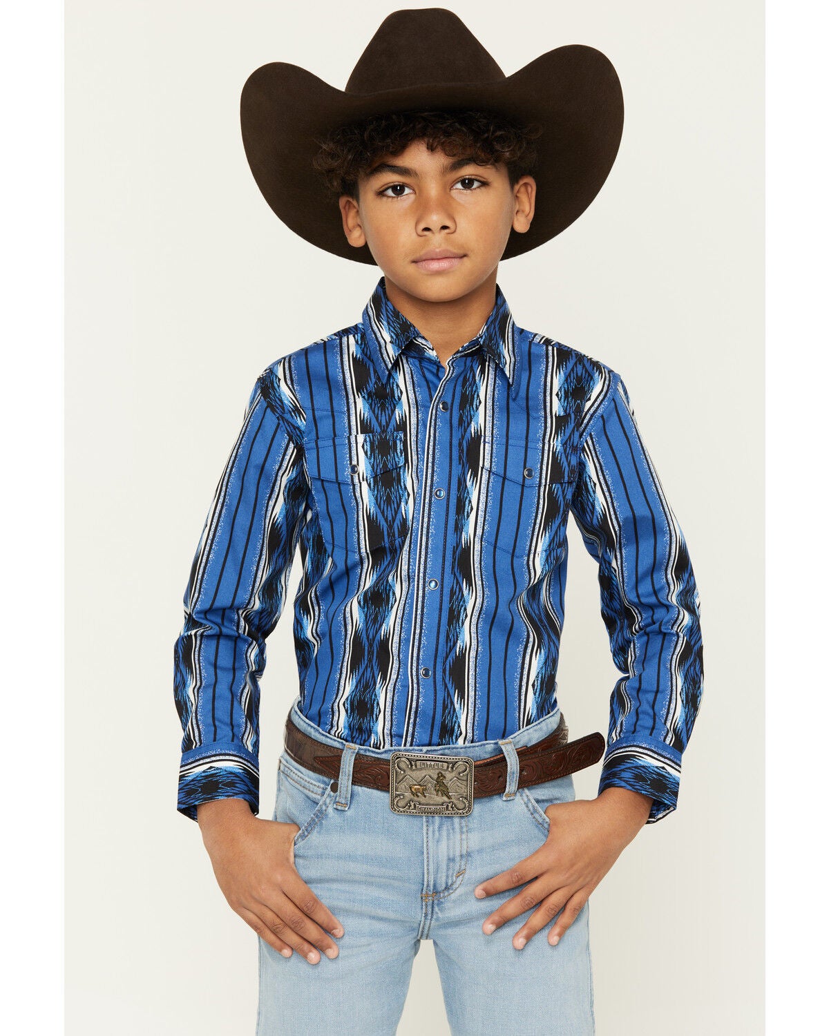 Image #1 - Wrangler Boys' Southwestern Striped Long Sleeve Pearl Snap Western Shirt, Blue, hi-res