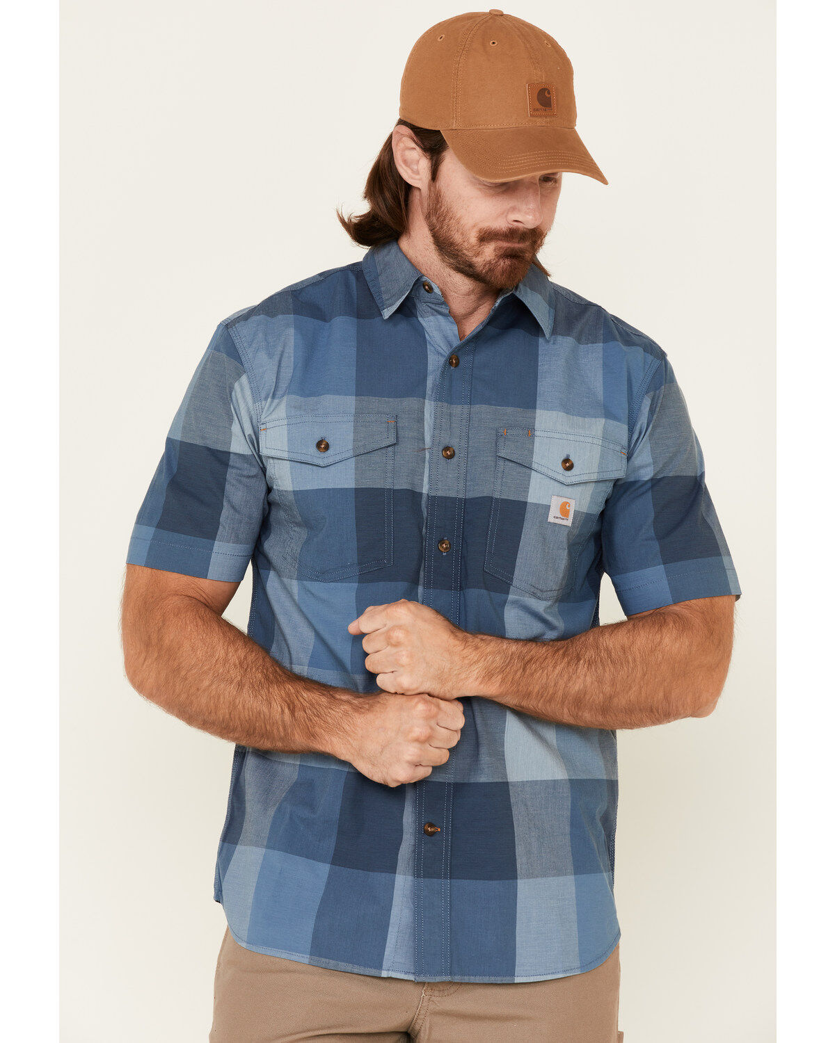 Image #1 - Carhartt Men's Plaid Print Rugged Flex Short Sleeve Button Down Work Shirt , , hi-res