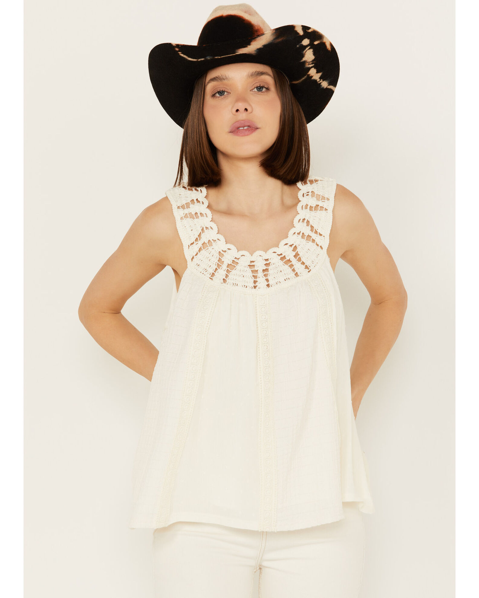 Image #1 - Miss Me Women's Crochet Neck Sleeveless Peasant Top, Natural, hi-res