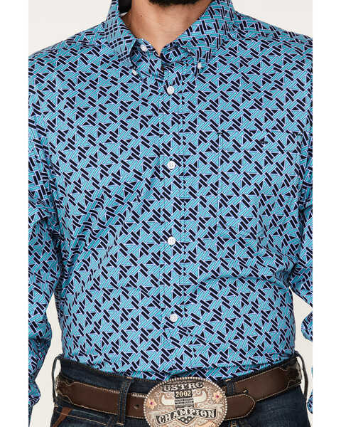 RANK 45 Men's Tie-Down Geo Print Button Down Western Shirt , Blue, hi-res
