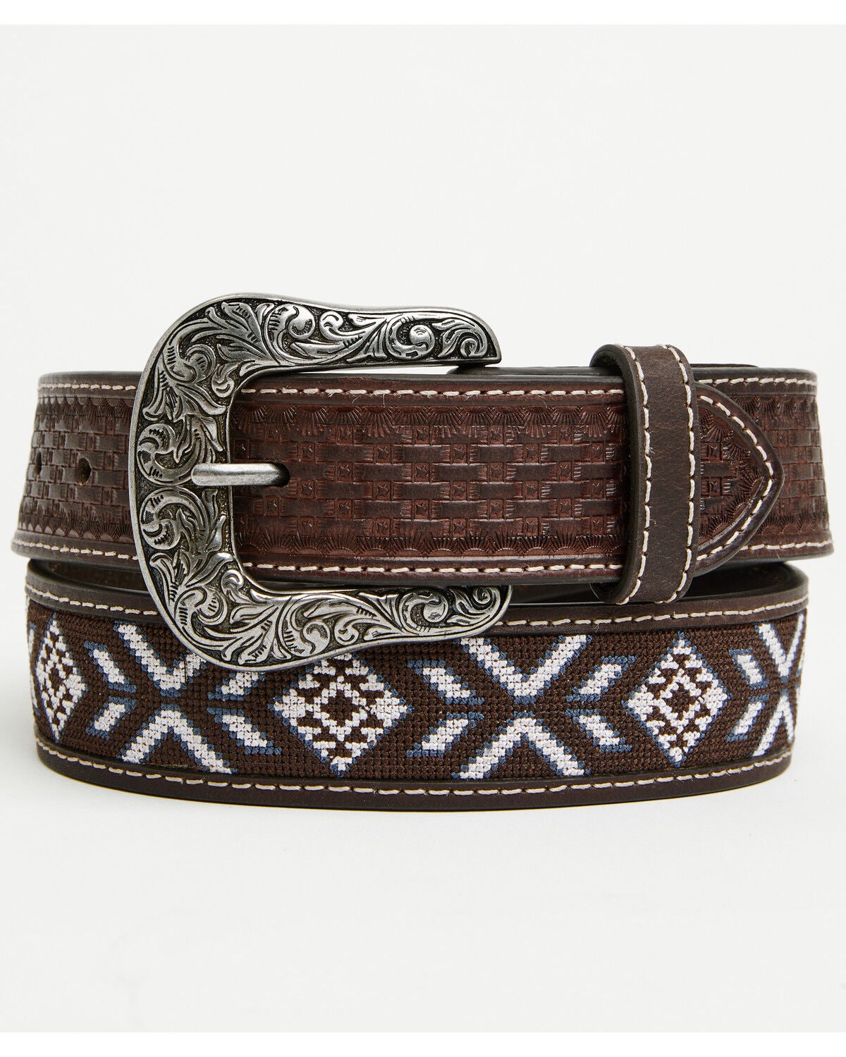 RANK 45&reg; Men's McCoy Southwestern Cross-Stitch Leather Belt, Brown, hi-res