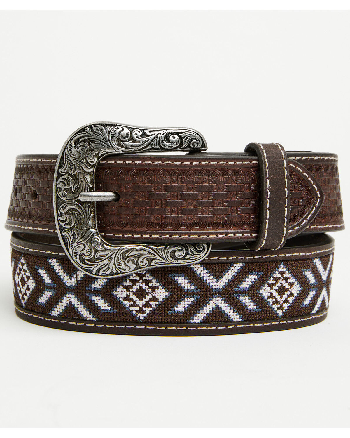Image #1 - RANK 45® Men's McCoy Southwestern Cross-Stitch Leather Belt, Brown, hi-res