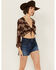 Image #2 - Shyanne Women's Printed Tie Front Long Sleeve Cropped Top, Dark Brown, hi-res